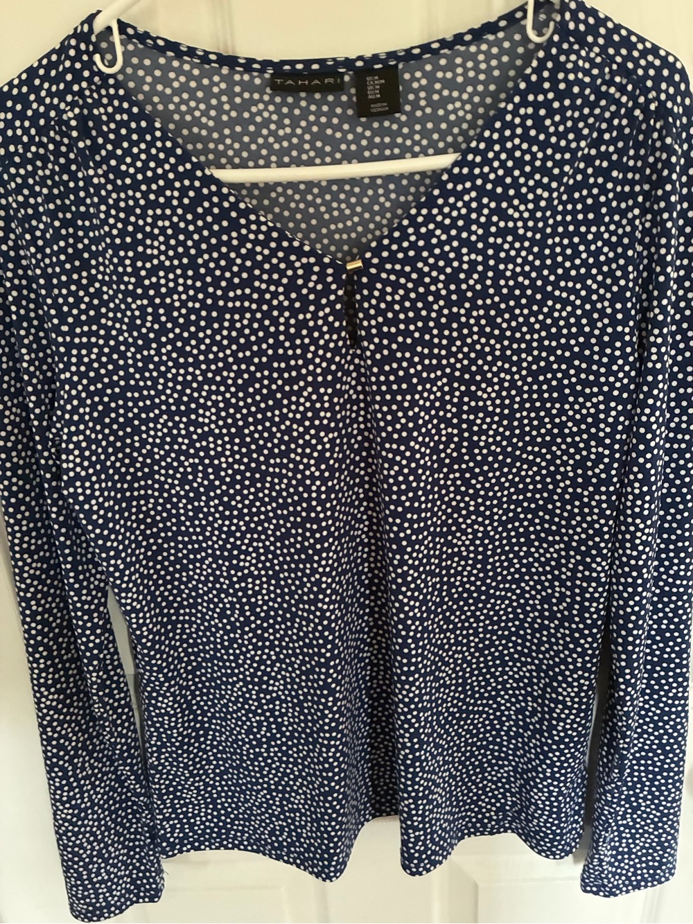 Tahari Navy and White Dot Print Long-Sleeve Dress Top